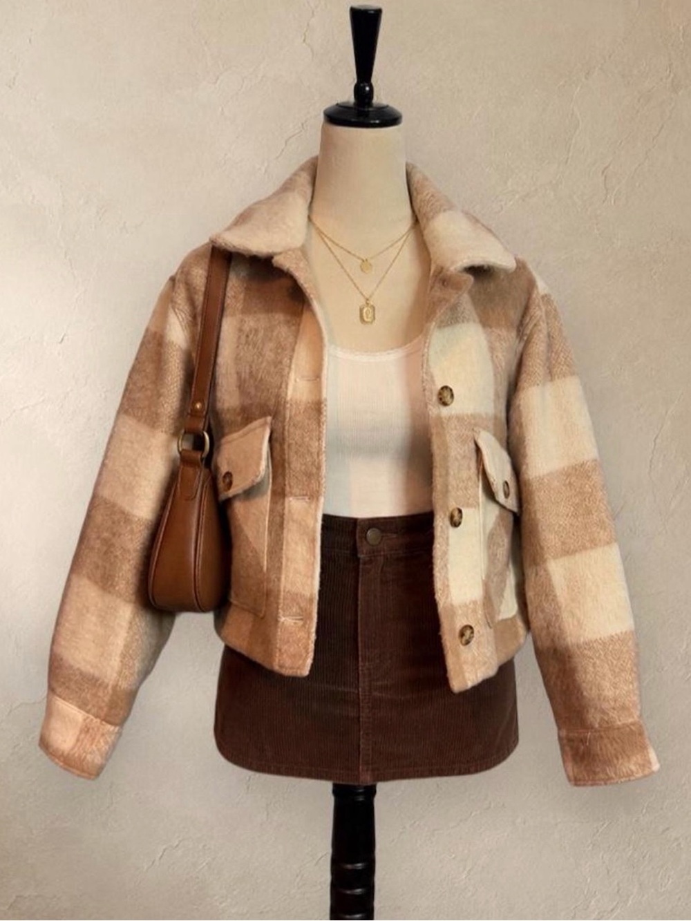 Abercrombie & Fitch XS Tan Cream Plaid Cropped Wool Blend Shacket Jacket